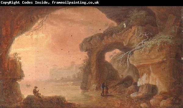 unknow artist A coastal landscape at sunset,with travellers walking along a path